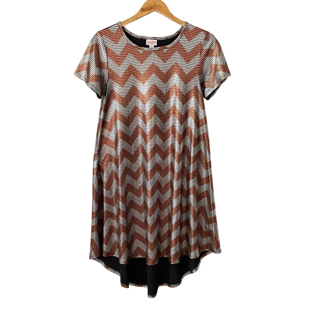 LuLaRoe Carly Dress Women Small Metallic Copper Silver Chevron High Low Swing